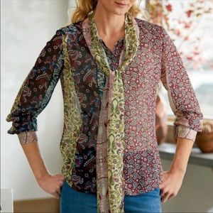 Soft Surroundings Long Sleeve Button Down Shirt with Attached Scarf